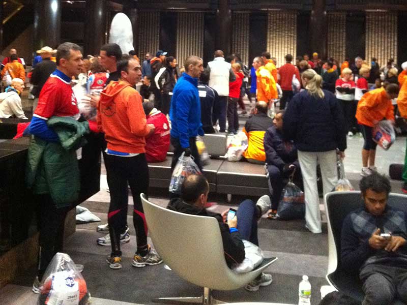 NYC Marathon 2011 Hotel lobby full of runners 